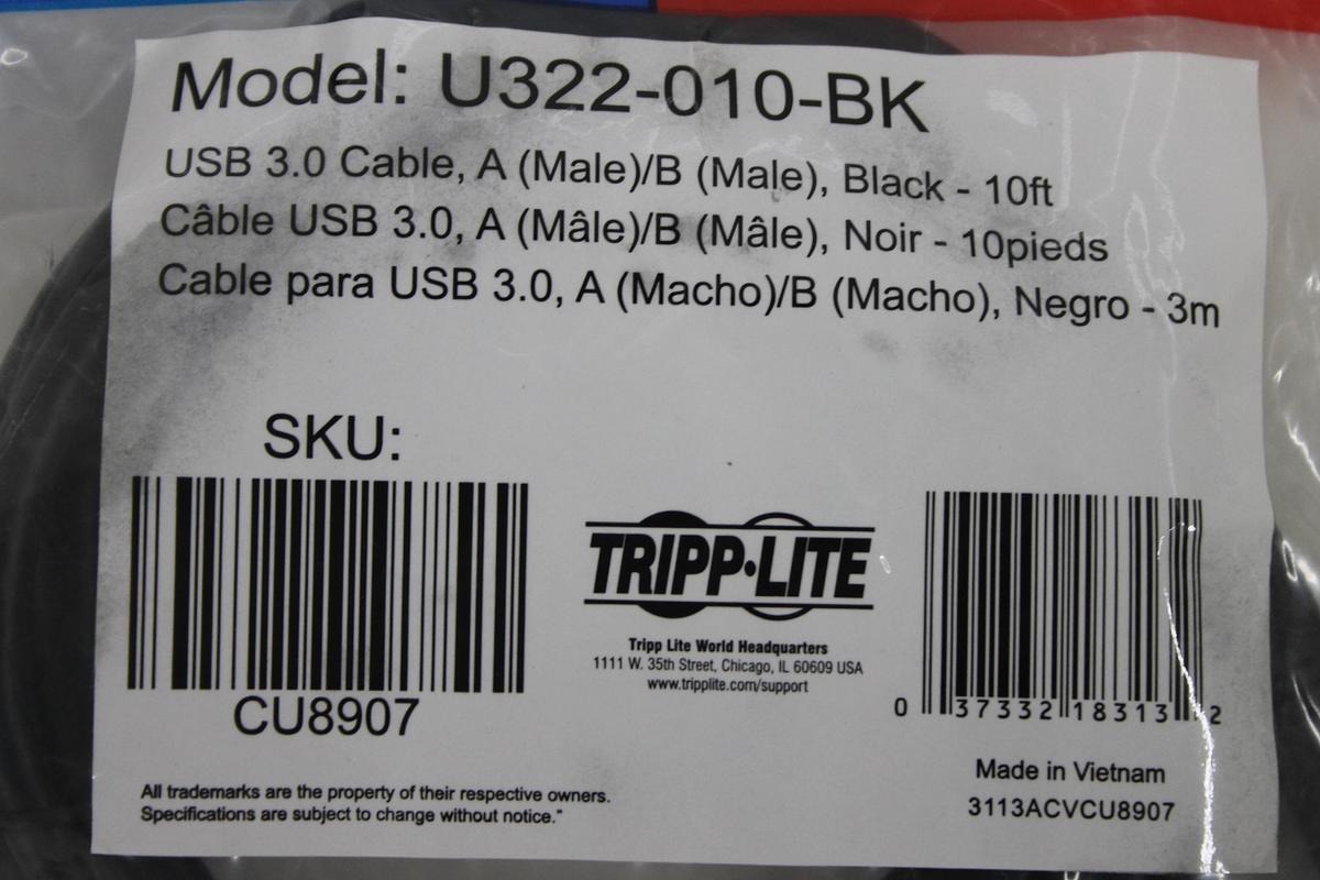 Used TRIPP LITE U322-010-BK 10-Feet USB 3.0 A to B Cable, Black LOT OF 3