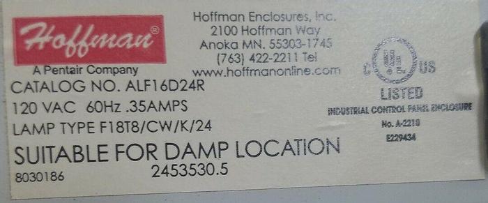 Used Hoffman ALF16D24R Fluorescent Light Package Fixture .35Amp 120VAC