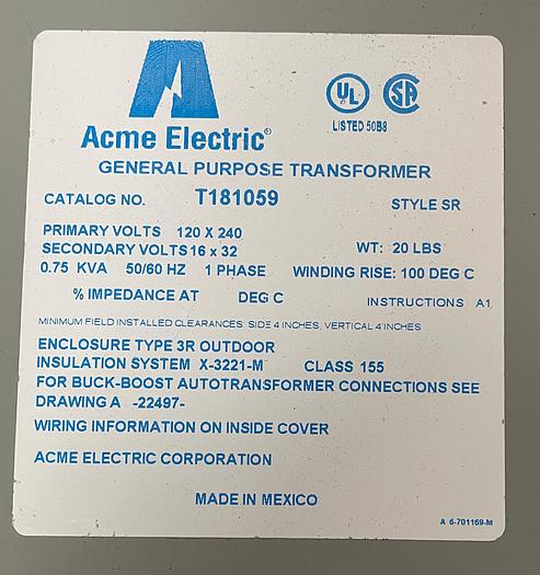 Acme Electric T181059 Transformer 120-240V