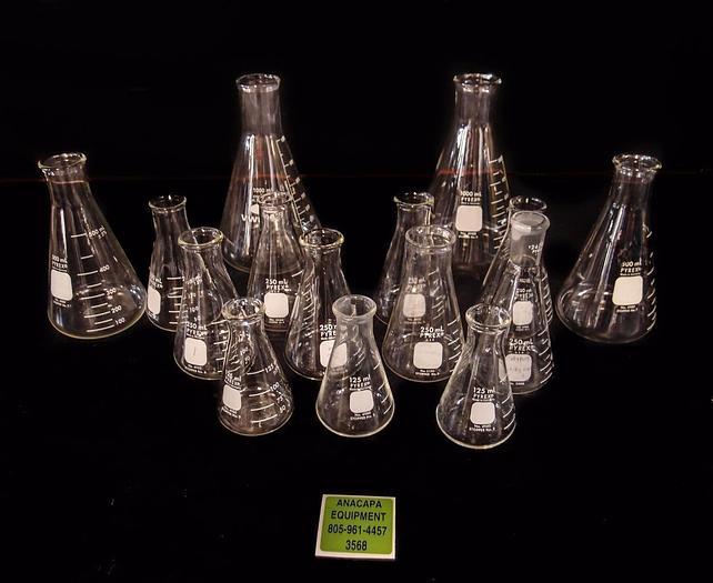 Used Pyrex Wide Mouth Graduated Flasks Lot of 14 (3568)