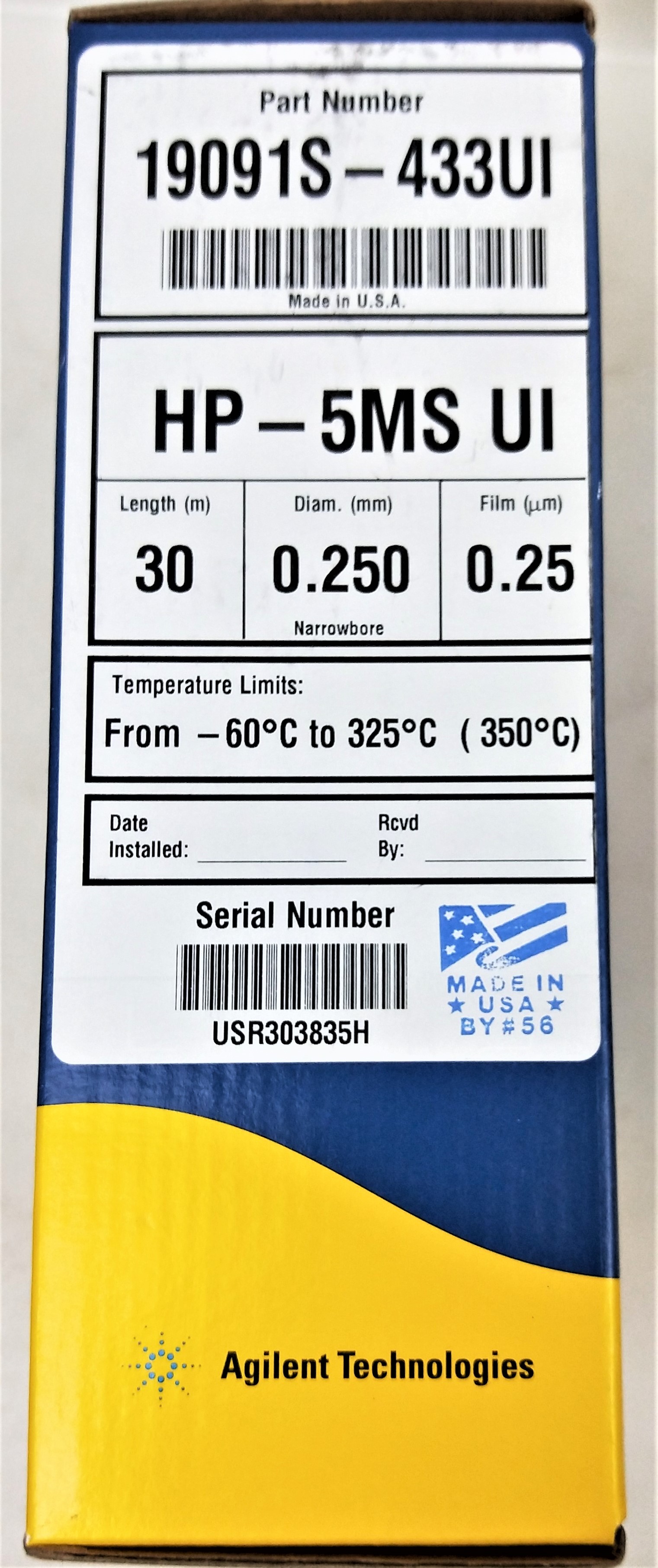 New Open Box Agilent HP-5MS UI (19091S-433UI) Capillary Column - 30M x 0.25mm x 0.25µm