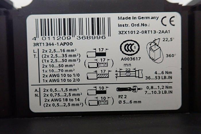 Used Siemens 3RT1344-1AP00 SIRIUS Contactor w/ 3RH1921-1CA10 Auxiliary Contact Block 4011209368996