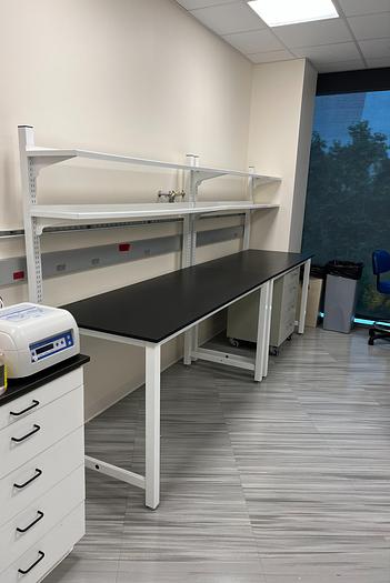 Recycled Labs Metal Frame table with 3/4 " phenolic top,  adjustable 2 tier laminate shelving