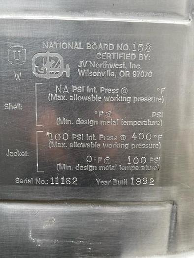 Used 1992 280 Gallon Vertical Stainless Steel Jacketed Mix Tank