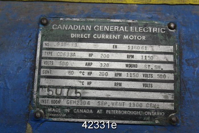 Used Canadian General Electric DC Motor, 200 Hp, 1150 Rpm, 500 Volts #42331