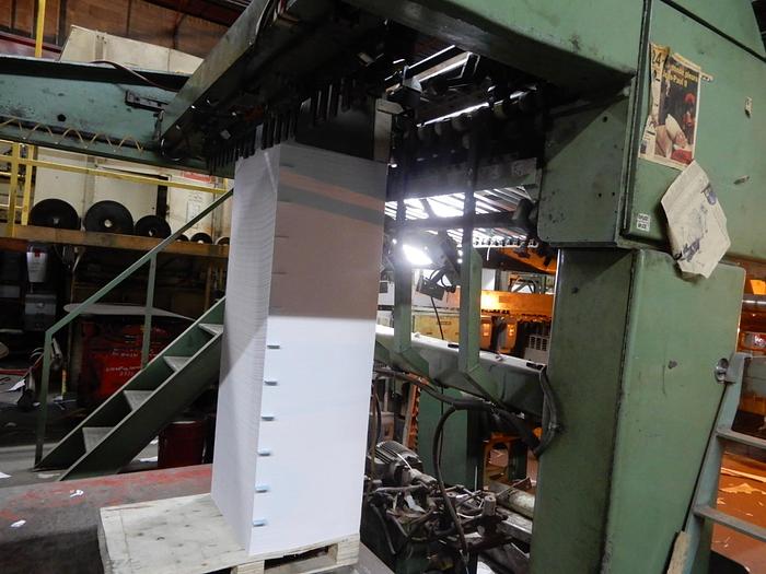 Used 74" (1.87M)  LENOX SINGLE ROTARY KNIFE SHEETER 3 UNWIND STANDS AND STACKER