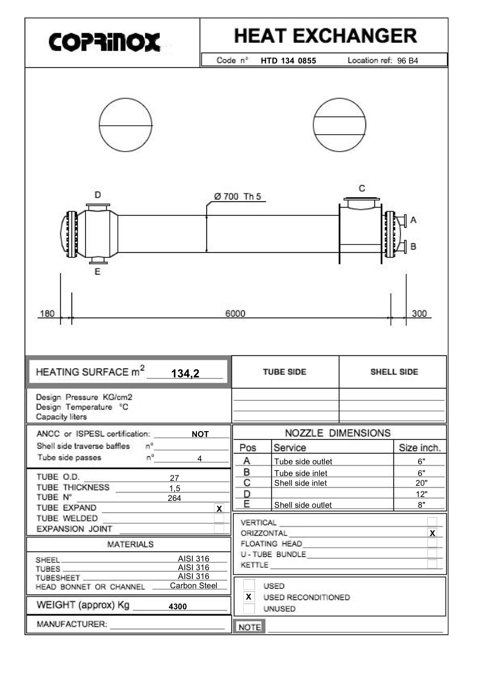 Used 134.2 square meter heat exchanger
