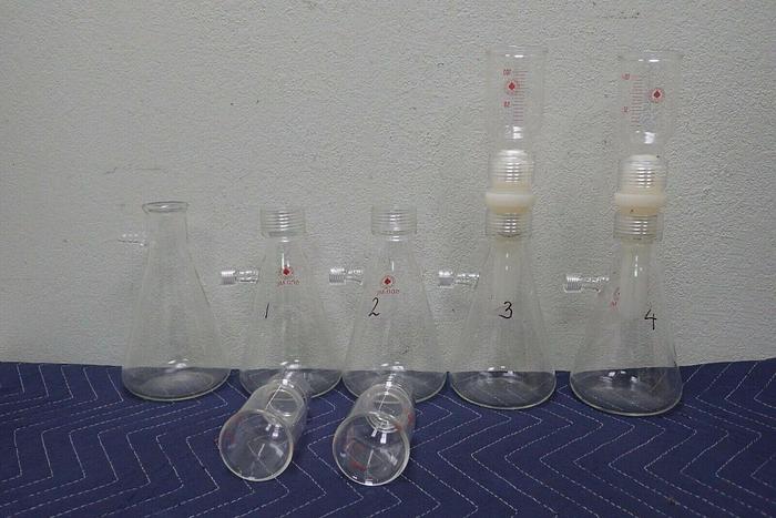 Used Lot of 4 Ace 500mL Flasks w/ #25 Top & Pyrex 5340 Erlenmeyer Filter Flask