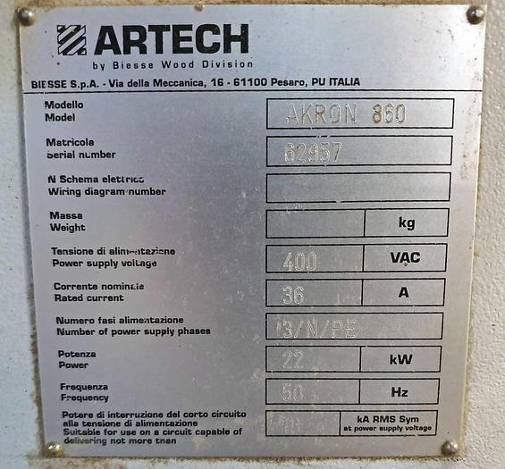 Used 2003 Biesse Biesse Artech Akron 860