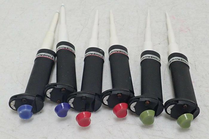 Used Lot of 6 Fisher Brand 10-50 µL, 40-200 µL, 200 µL - 1 mL Adjustable Pipettes
