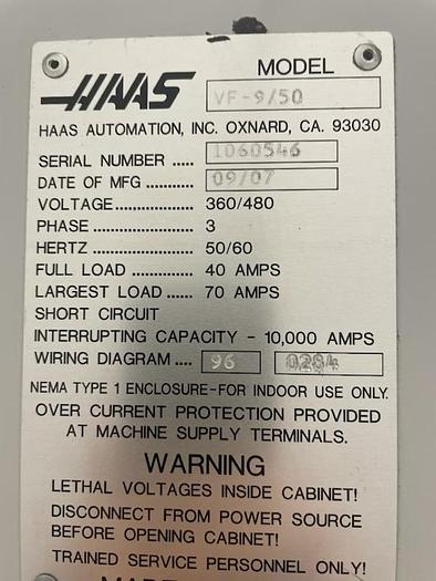 Used 2007 HAAS VF-9/50 4-Axis Vertical Machining Center