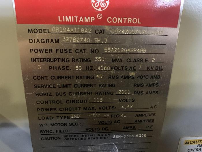Used GENERAL ELECTRIC LIMITAMP CR194A118A2 300 HP CONTROLLER W/ DRAW-OUT AIR-BREAK CONTACTOR  THREE UNITS