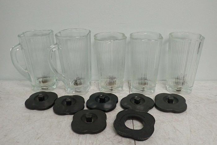 Used Lot of 5 Waring Clover Leaf 40-oz 5-cup Glass Blender Jars with 7 Lids/Covers