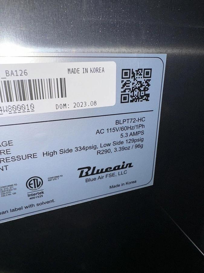 Blue Air BLPT72-HC 72" Three Section Sandwich Prep Table, 20.2 cu. ft.