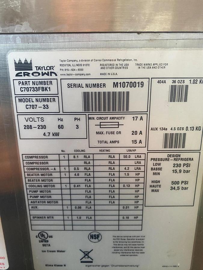 Used Frozen Yogurt Machine/Milkshake: Taylor Crown. Model: C713-33