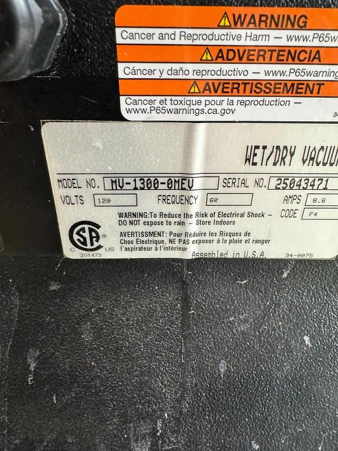 Used Commercial Mi-T-M MV-1300-0MEV 13-Gallon Wet/Dry Vacuum Shop Vac