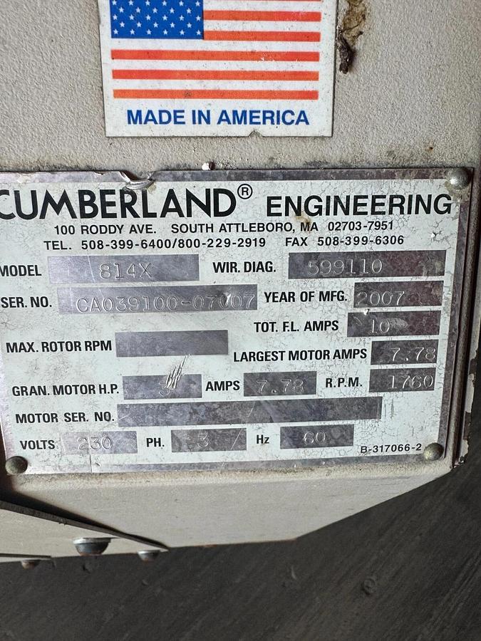 Used Cumberland Engineering 814X Beside-The-Press Granulator 460VAC 3 Phase