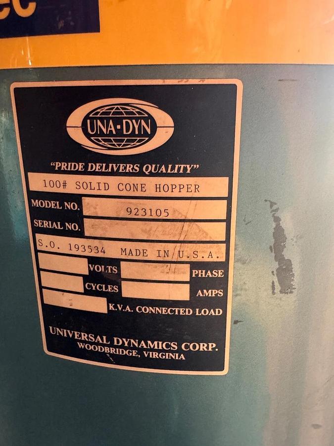 Used Una-Dyn 30 CFM Desiccant Dryer Model UDC-30 With 100# Solid Cone Hopeer