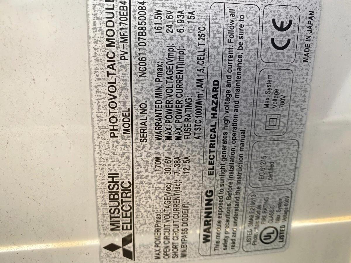Used 12 cents/watt Mitsubishi 170W Solar Panel Model PV-MFt170EB4