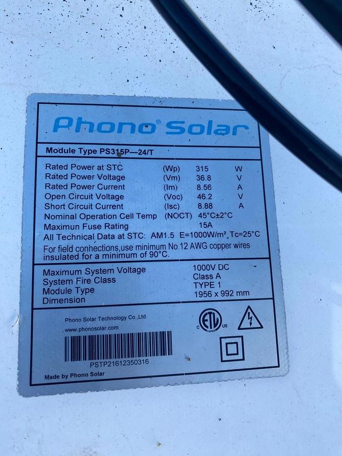 Used Phono Solar PS315P/24T 315 Watt 72 cell solar panels.