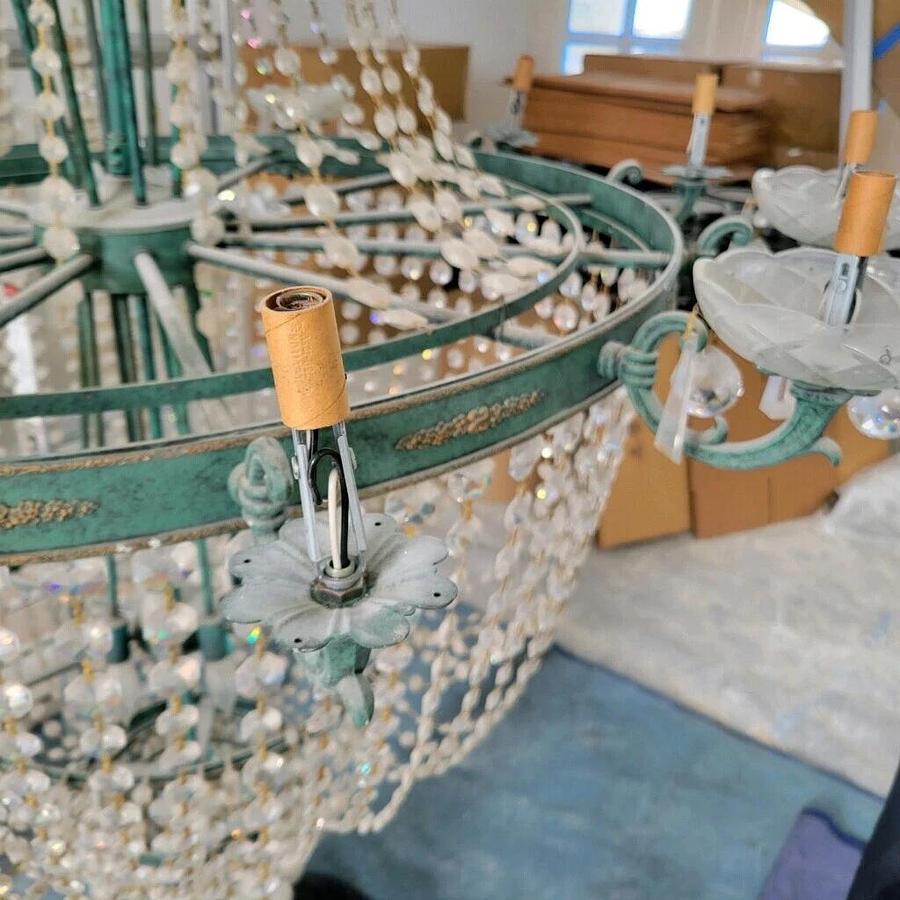 Used Round Crystal 12-Light Chandelier Green 16' long 4' round