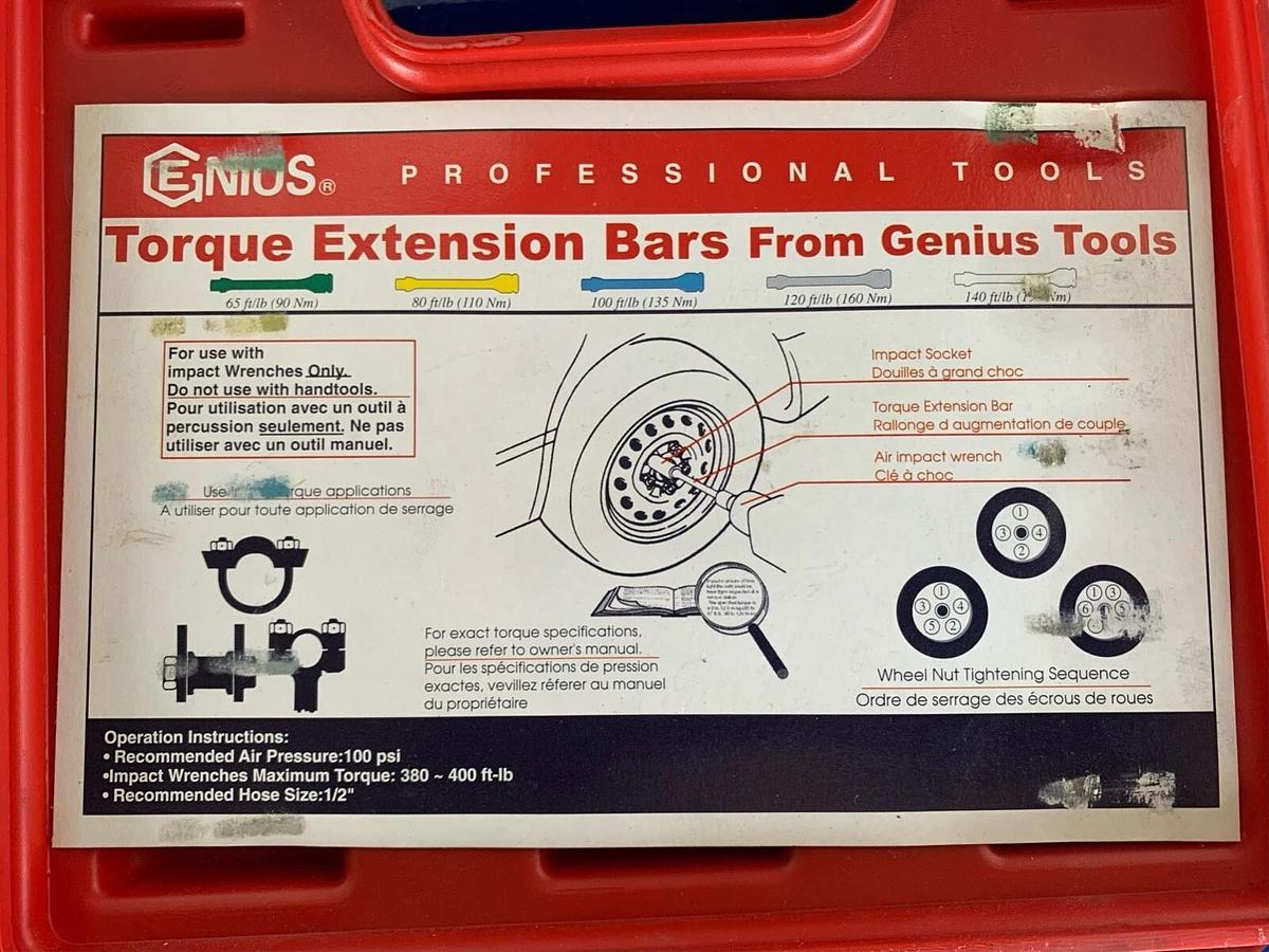 Used Genius Tools 10 Piece 1/2" Drive, Lug Nut Torque Sticks, Extension Bars Set