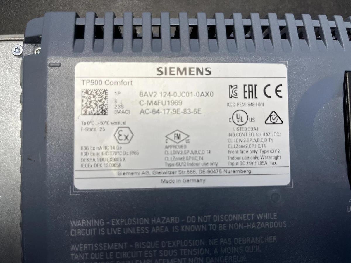 Used Siemens 6AV2124-0JC01-0AX0 6AV21240JC010AX0 SIMATIC HMI TP900 Comfort