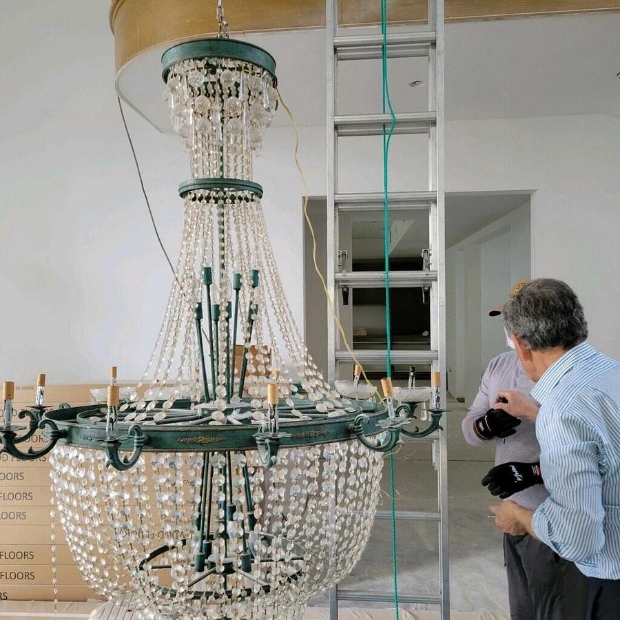 Used Round Crystal 12-Light Chandelier Green 16' long 4' round