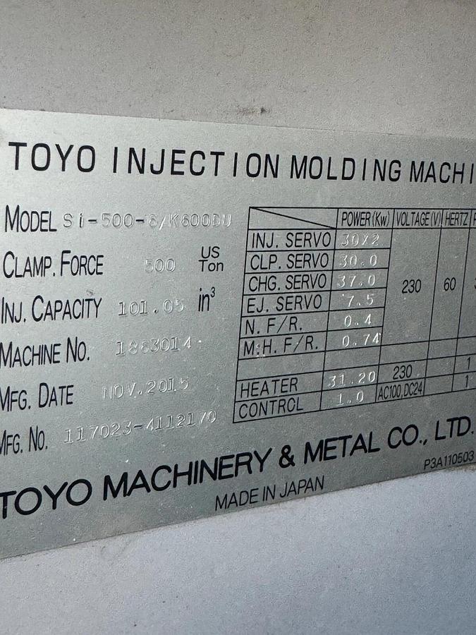 Used 2015 Toyo Si500-6 K600DU  55.51 oz shot.