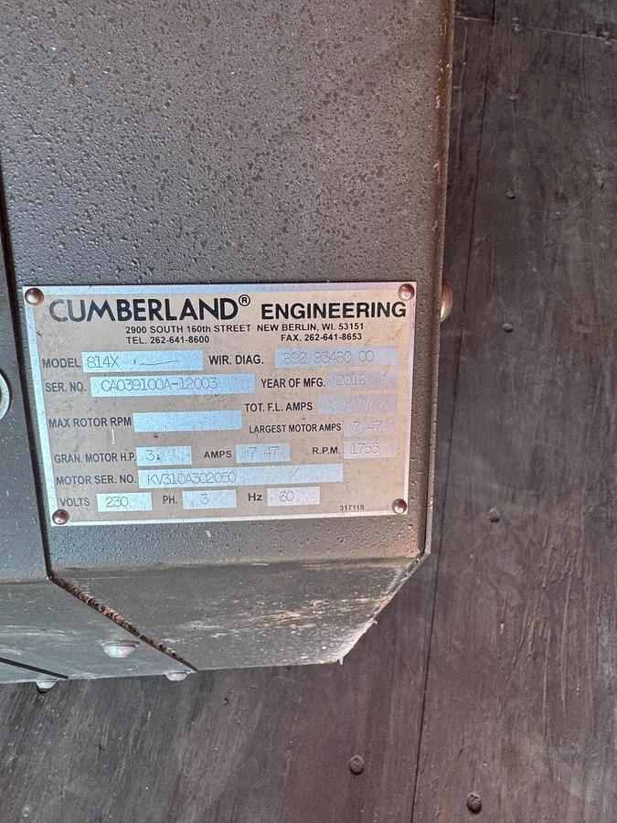 Used Cumberland 814X Granulator 460VAC 3 Phase New 2012