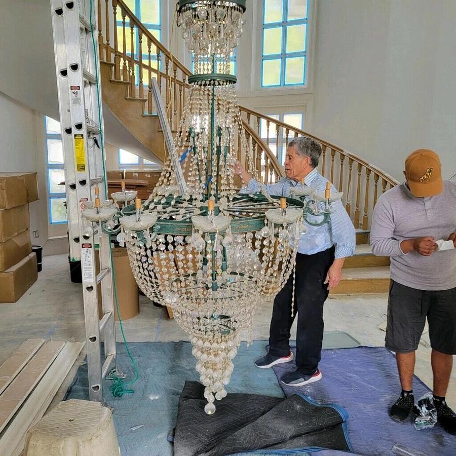 Used Round Crystal 12-Light Chandelier Green 16' long 4' round