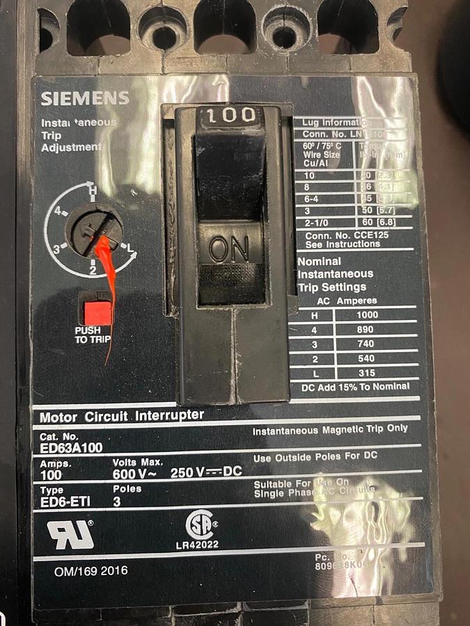 ED63A100 Molded Case 100A 600V Circuit Breaker 3Pole Sentron Series ED