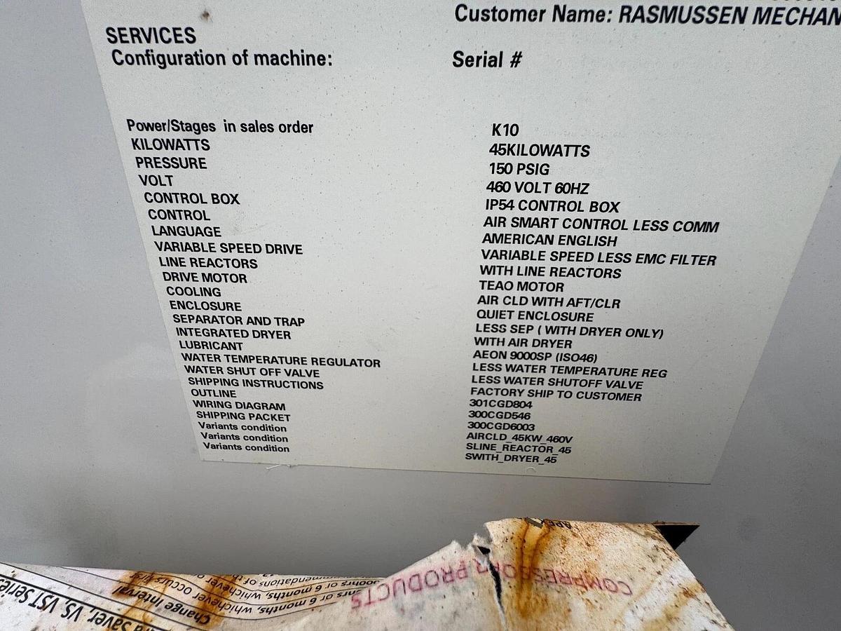 Used GARDNER-DENVER 60 hp Variable Speed Rotary Screw Compressor VS45-70A