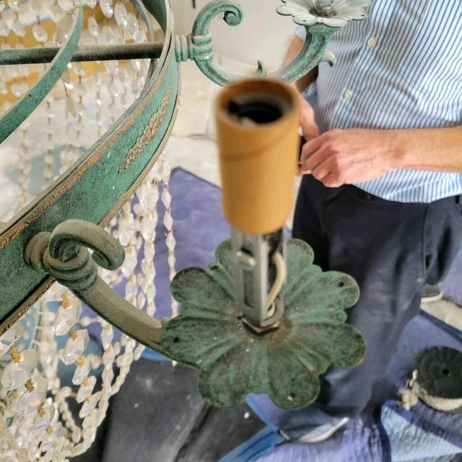 Used Round Crystal 12-Light Chandelier Green 16' long 4' round