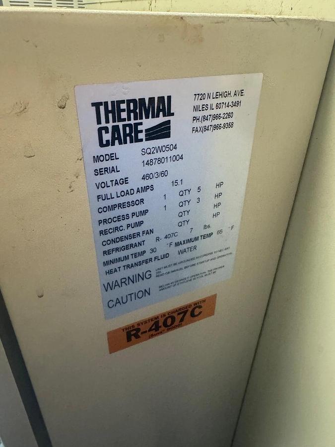Used Thermal Care SQ2W0504 Chiller 460V 3PH R-22 30-75°F