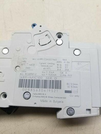 Used Allen-Bradley 1489-M1C100 Ser D 1 Pole Circuit Breaker 1489-M1C100 Ser D