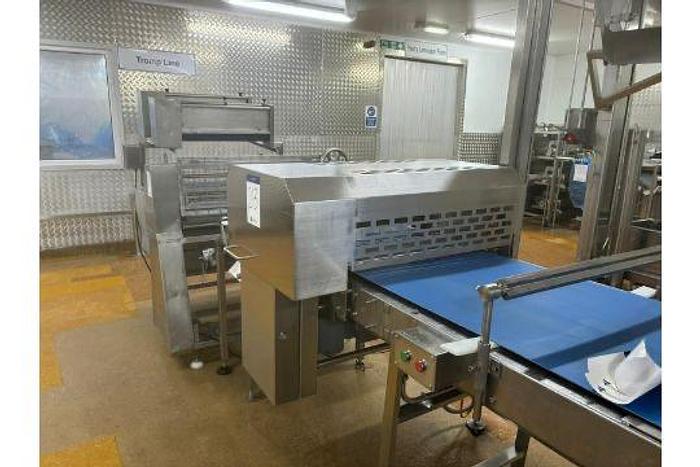 Used TROMP LINE 1x Tromp line comprising of main line pastry cutting marking discs, burgess calibrator with 2 flour dusters, rondo marker, cutter unit, hand crimped cutter and sensor, tromp depositor with stairs, rondo guillotine and cutters and dockers, portable scrap pastry unit, wire belt take off conveyor, 3 chain take off conveyor, hugging conveyor, topping machine with stand, 6 lane forming box, product divider, 2 off drum pastry cutters (foils) 1 off marker unit (chevron) Main panel Tromp (office), Main Panel Rondo, HMI Panel Tromp, HMI panel rondo, 3 off single step stands.. Located Wiltshire. UKFM4-6314 Lift out £2500