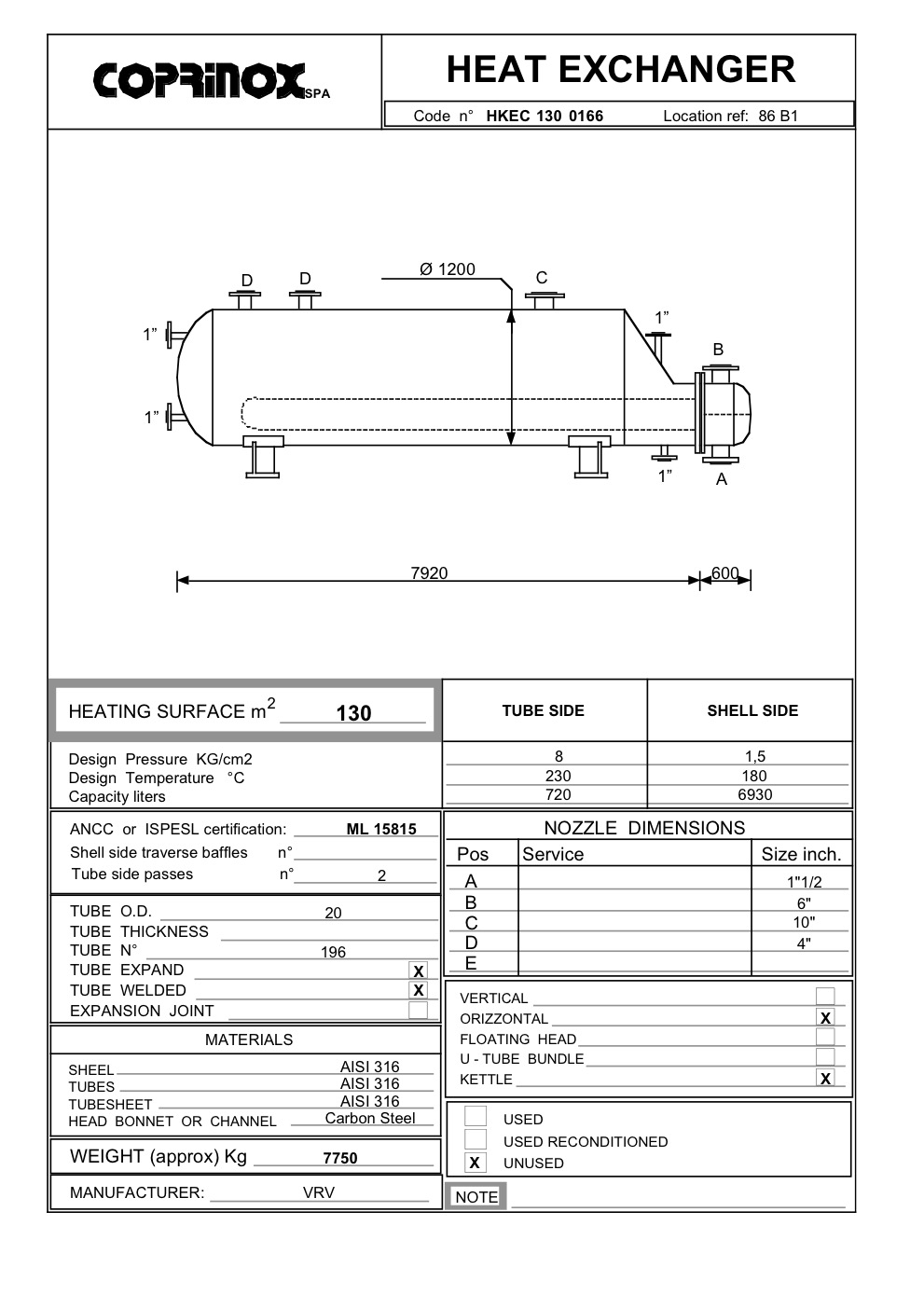 Used 130 square meter VRV heat exchanger