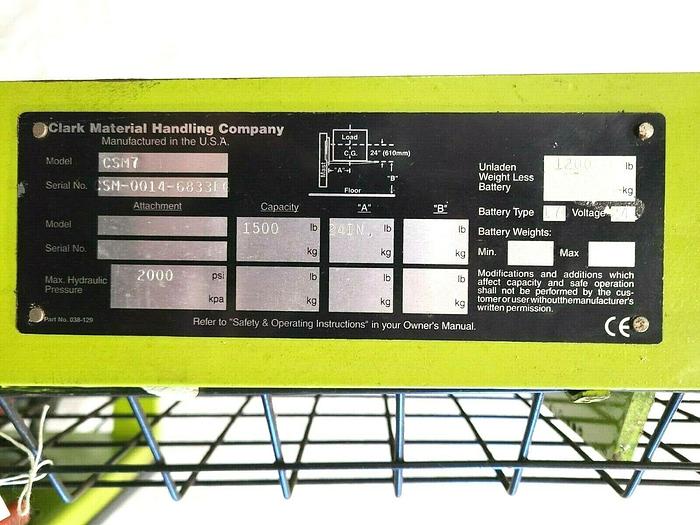 Used Clark 1500 Lb Pallet Jack Fork Lift Model CSM7 Lift Height 90" Power Lift & Power Drive