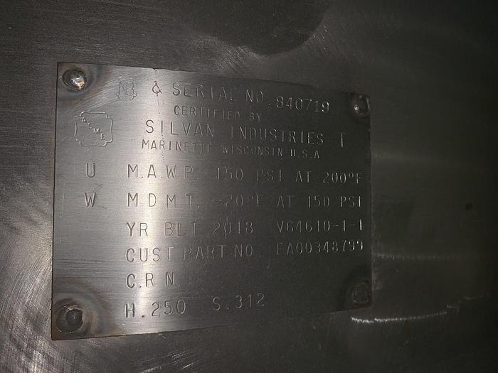 Used Used Silvan Industries approximately 1000 gallon 316 stainless steel air receiver.