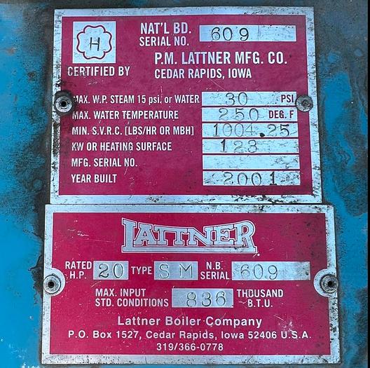 Used Boiler, 20 HP, Lattner, 30 PSI, Gas-Fired #C744904