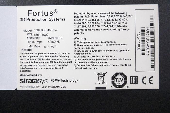 Used 2020 Stratas Systems Fortus 450mc, 3 D Printer
