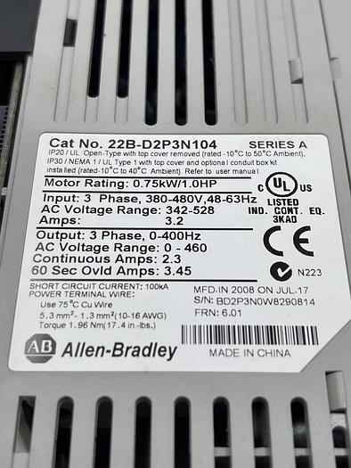Used Allen-Bradley 22B-D2P3N104 Ser A 