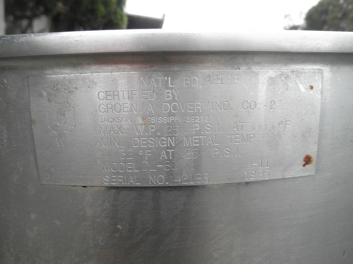 Used Kettle, 60 Gallon, S/st, Jkt, Groen, Mdl DL/60, Tilt #S740974