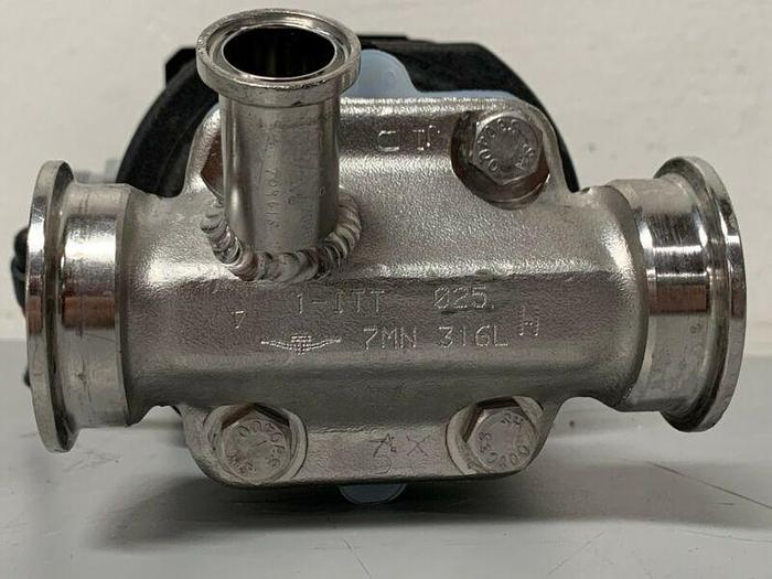 Used ITT Pure-Flo A209 Stainless Steel 3-Way Diaphragm Valve w/ 1" & 2" Sanitary Fits