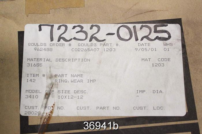 Unused Goulds 3410 10x12x12 Wear Ring, CO2265A07 1203, Item No. 142 #36941