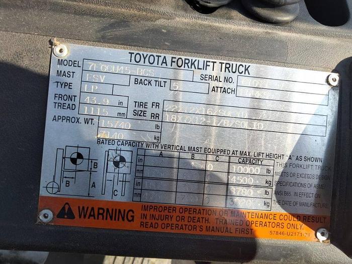 Used 10,000 POUND BOX CAR SPECIAL 7FGCU45-BCS TOYOTA FORKLIFT WITH 4 WAY VALVE (ROLL CLAMP COMPATIBLE)