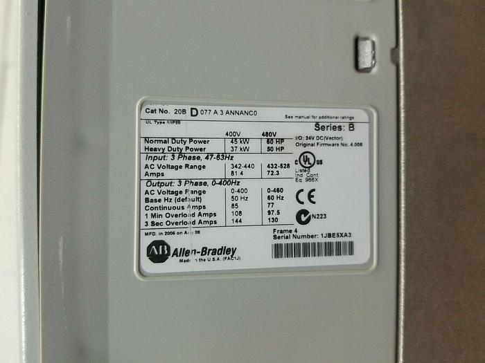 Used Allen Bradley 20BD077A3ANNANCO SER B 60 HP Frequency drive 480V