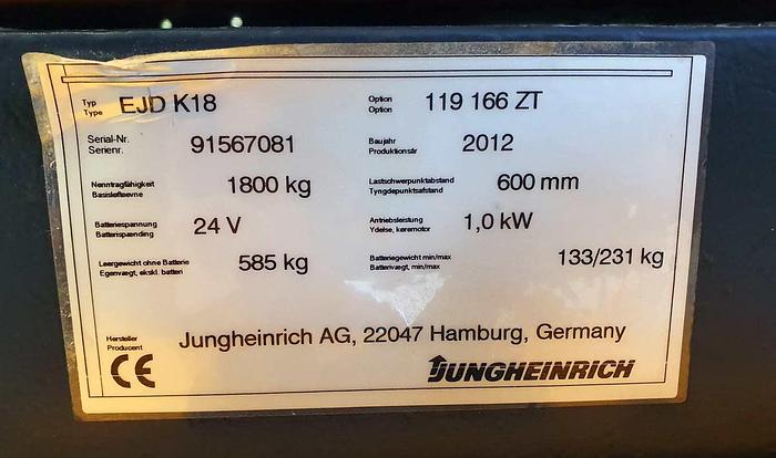 Used 2012 Jungheinrich Germany Pedestrian stacker Jungheinrich EJDK K18