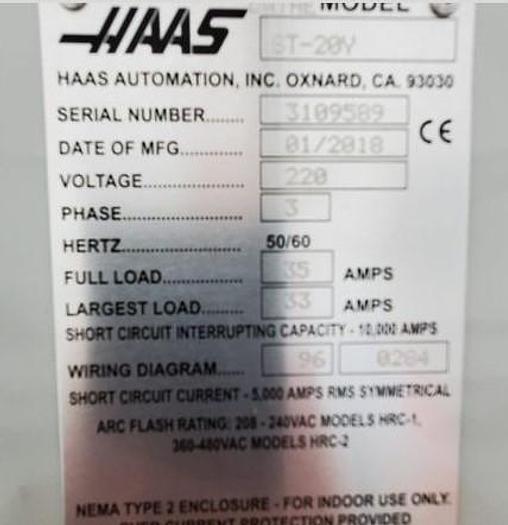 Used 2018 HAAS ST-20Y CNC Turning Center with Y-Axis and Live Tooling